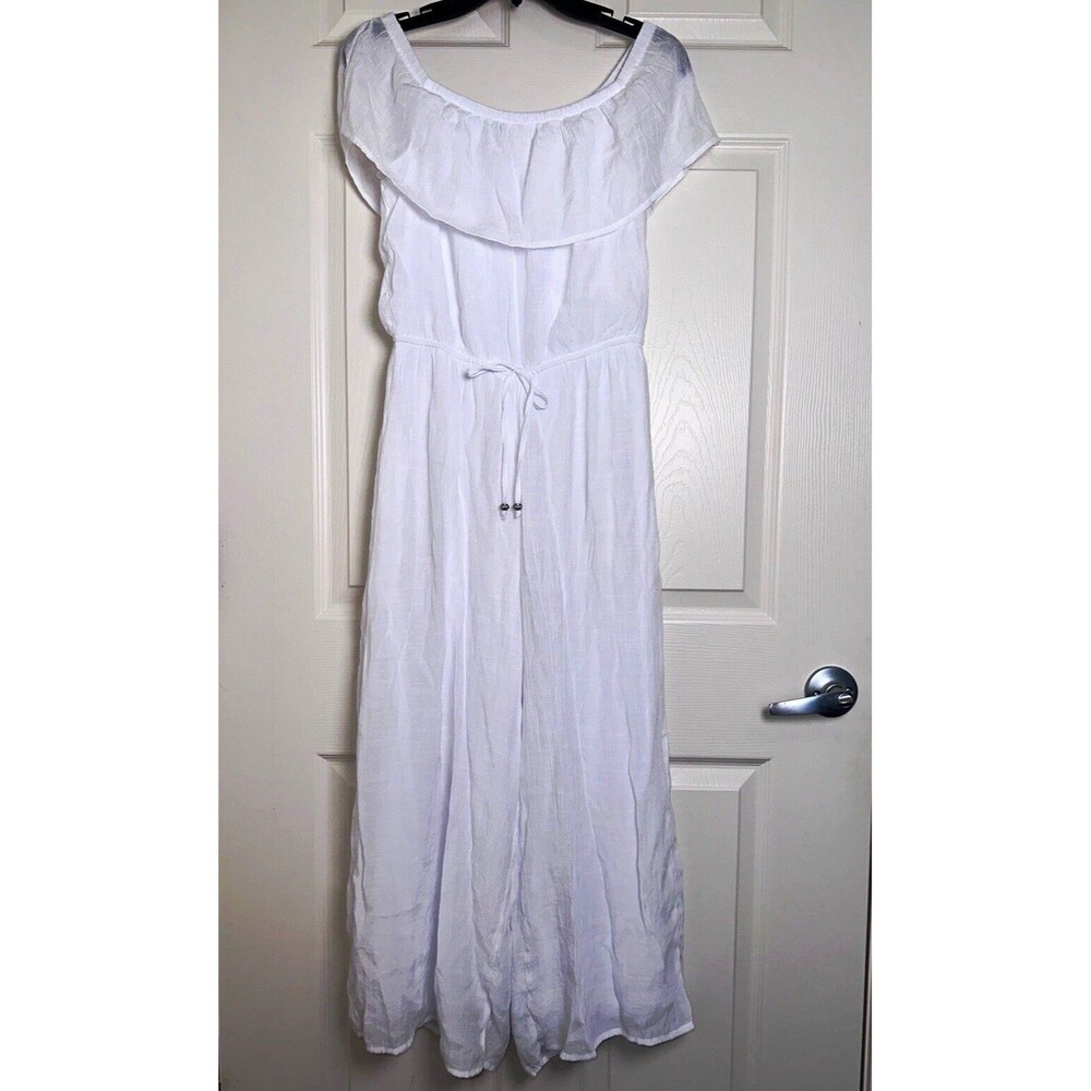 TACERA White Ruffle Scoop Neck Drawstring Sleeveless Midi Jumpsuit Size S